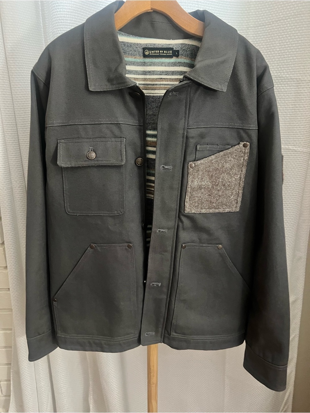 United By Blue Men's Work Jacket, grey/blue, flannel lined size large